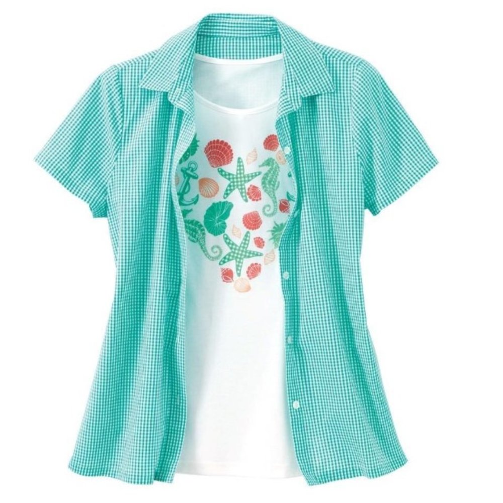 NEW Sz Large Seashell Tank Top & Green Gingham Button Up 2 Pc Coordinating Set